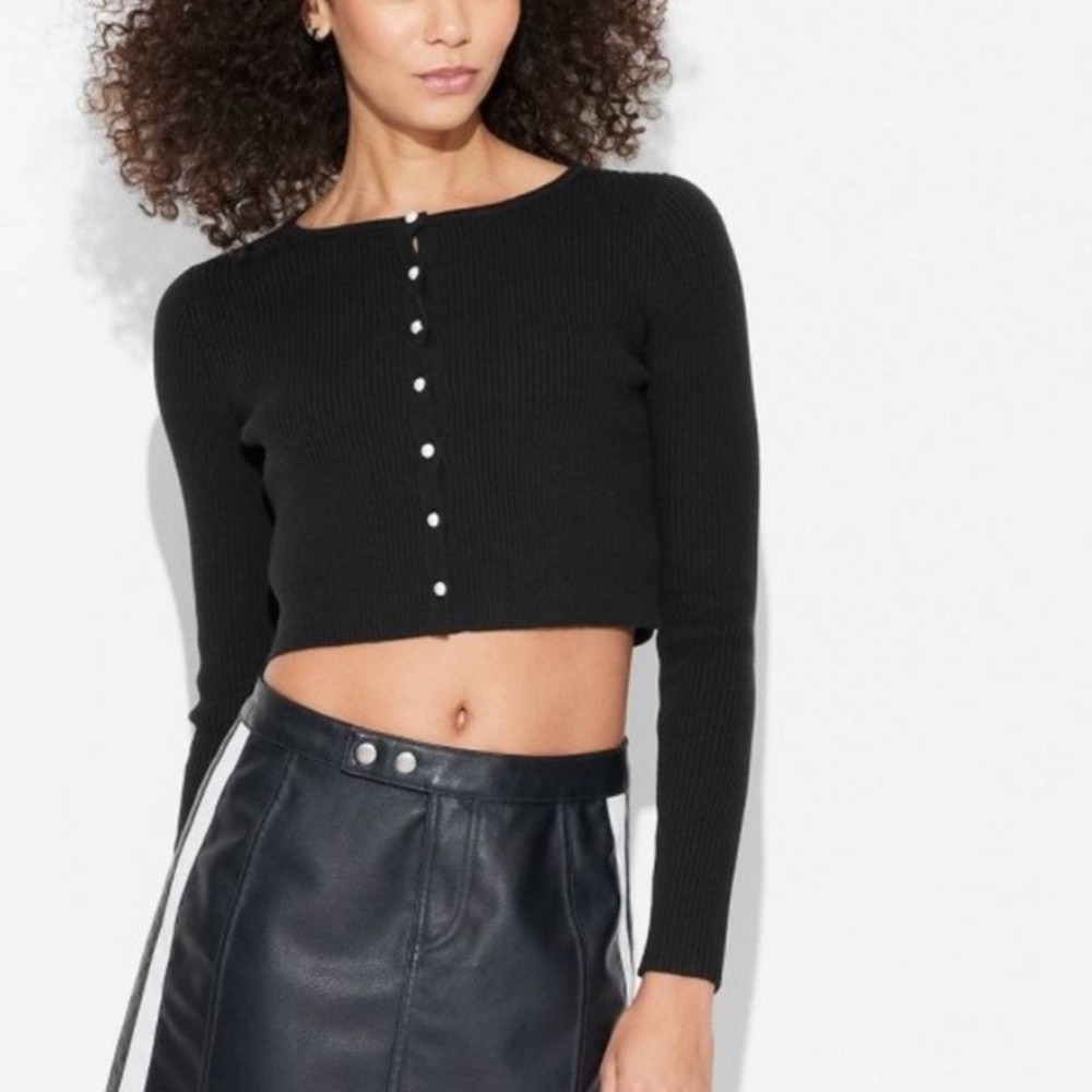 Wild Fable Black Ribbed Faux Pearl Button Cropped Cardigan Sweater XS